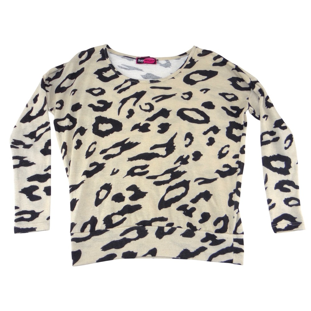 Say What? Womens Tan Black Leopard Animal Print Scoop Neck Knit Sweater